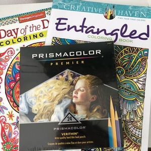 New. Bundle adult coloring books colored pencils